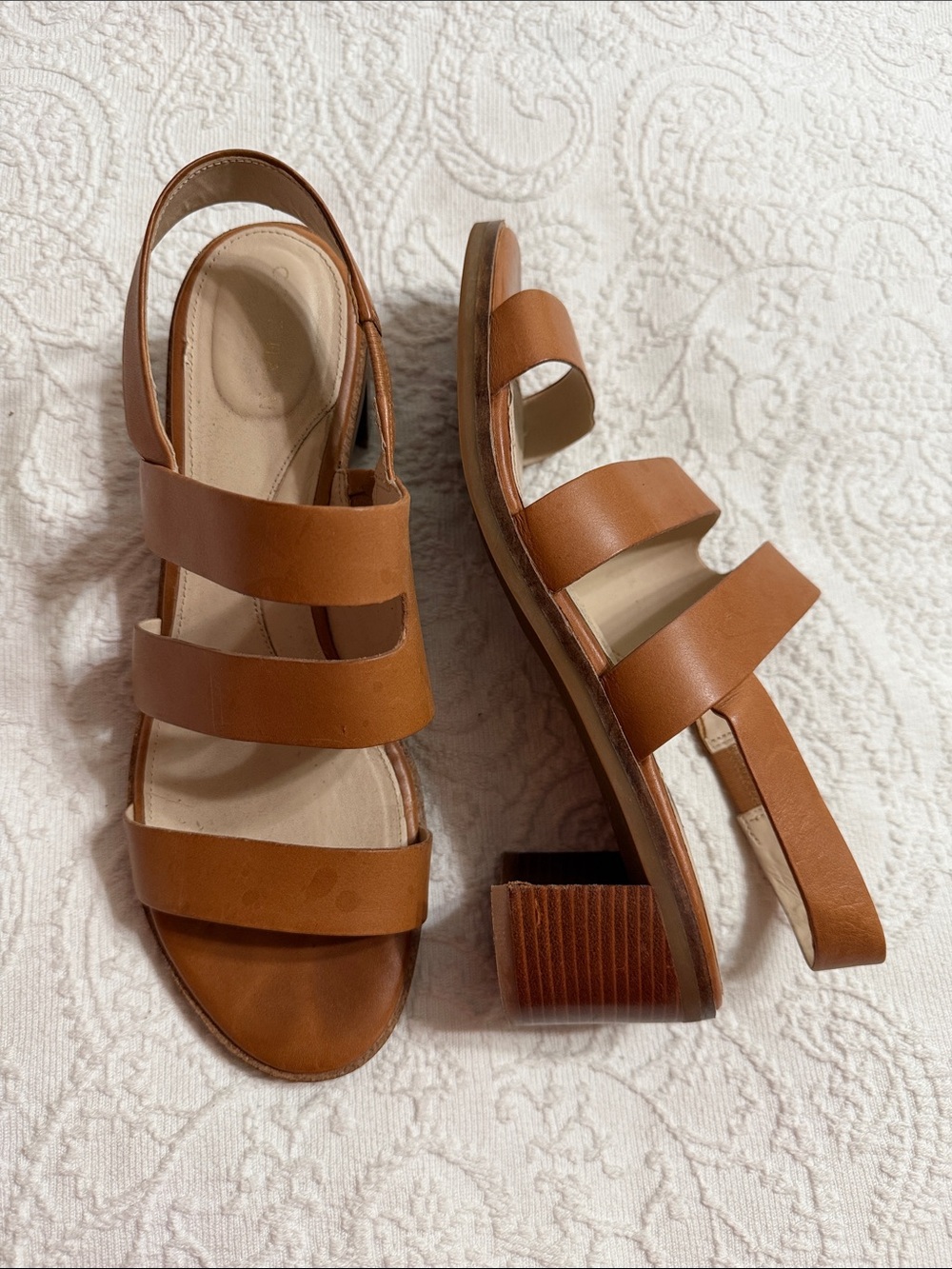 Cole Haan Sandals Size 9.5B Cognac Three-Strap Slingback